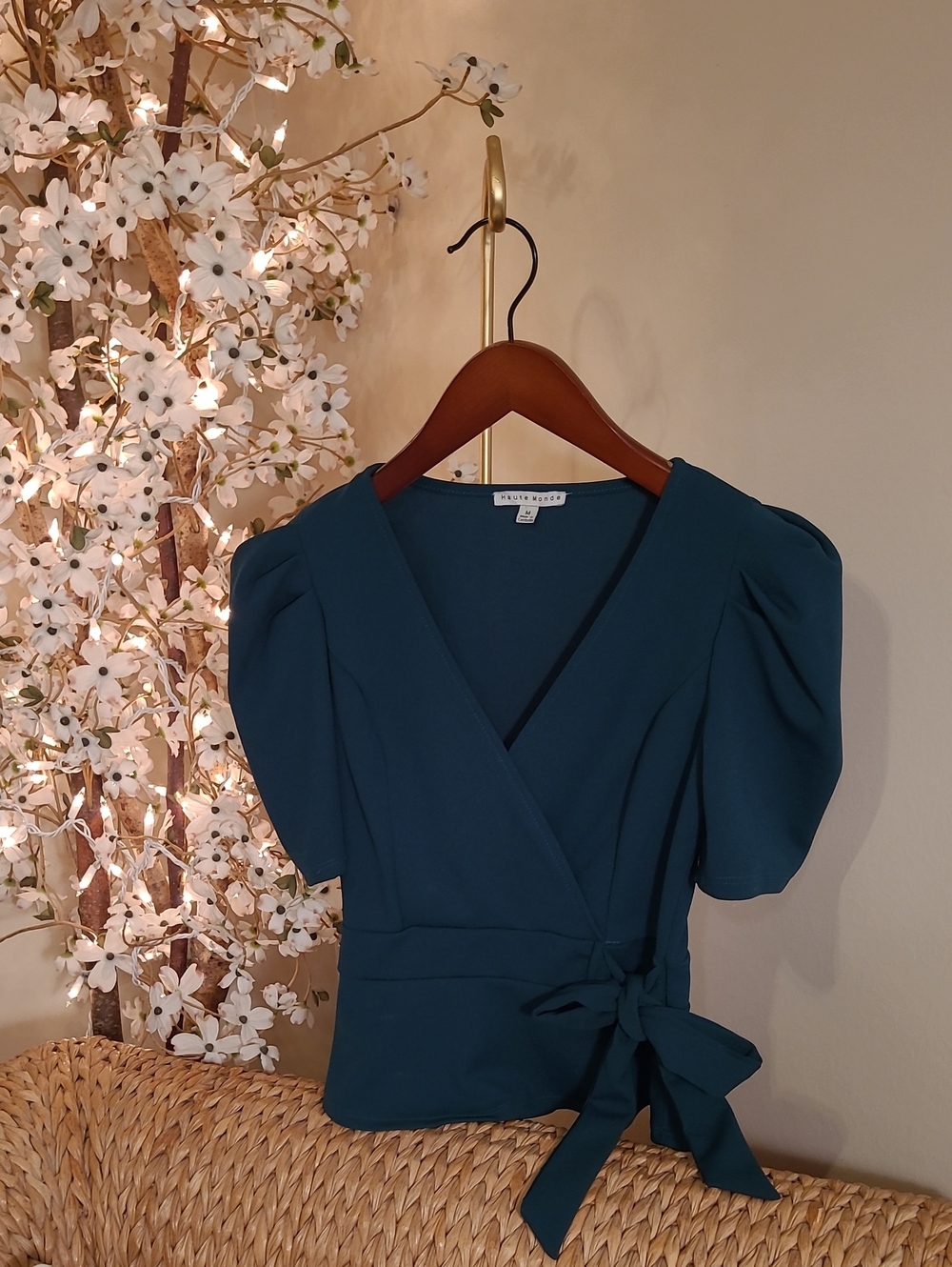 Emerald Green Puff Sleeve Peplum Faux Wrap Blouse